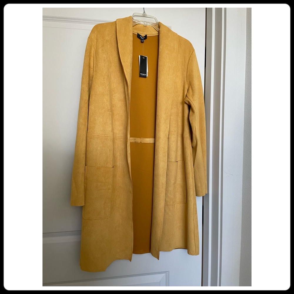 Premise.faux leather. mustard yellow long trench like jacket. Size L.